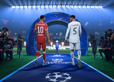 A screenshot of gameplay from EA Sports FC 26 showing the backs of two players entering the stadium
