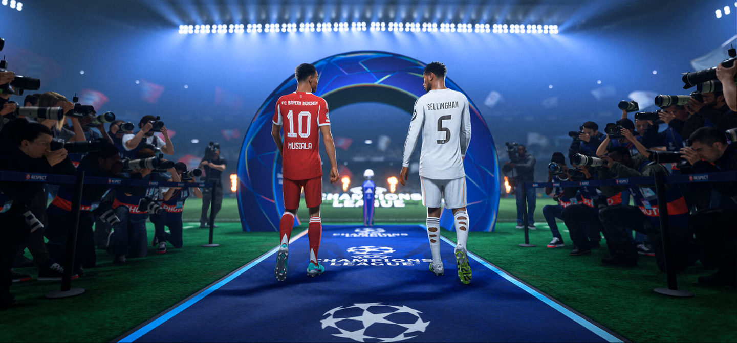 A screenshot of gameplay from EA Sports FC 26 showing the backs of two players entering the stadium