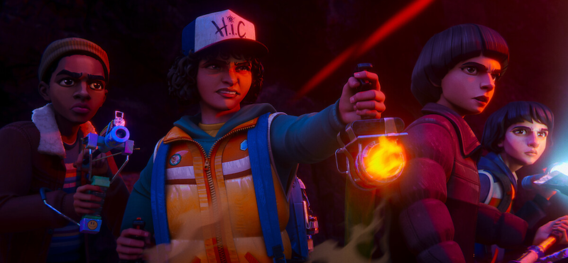 A still from the Stranger Things Tales from 85 animated series showing four child characters